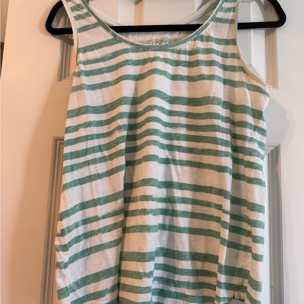 LOFT White and Mint Striped Scoop Neck Tank
